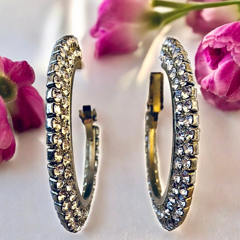 Vintage Rhinestone Earrings Gold Tone Round Hoop Two Rows Leverback Pierced